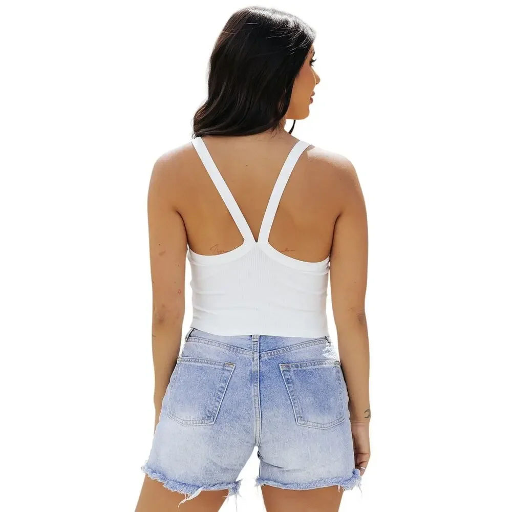 White Athletic Ribbed Cropped Cami Top New Size Large